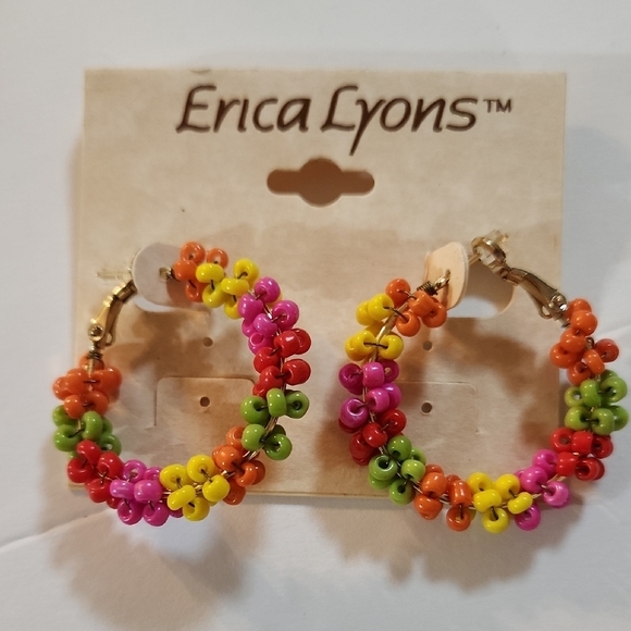 Erica Lyons Colorful Beaded Hoop Earrings Orange Lime Yellow Pierced Bright Drop - Picture 1 of 4